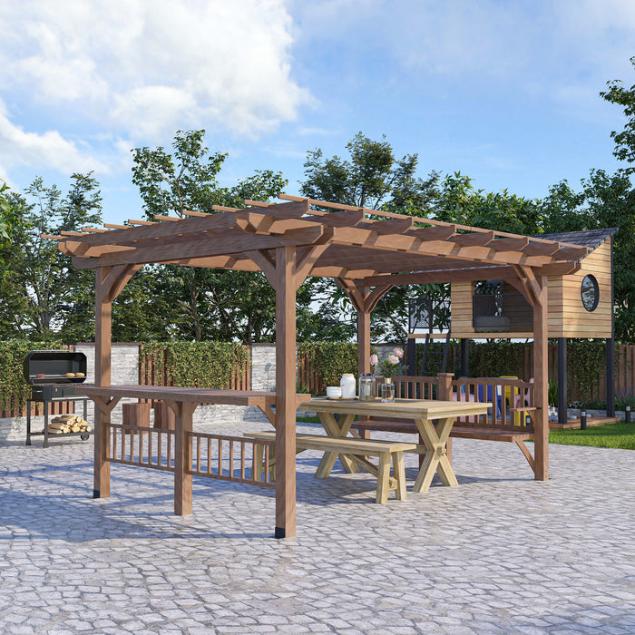 Outsunny Pergola Exterieure 14' X 10', Tonnelle En Bois Avec Comptoirs De Bar Et Bancs, Pour Jardin, Patio, Arriere-cour, Terrasse