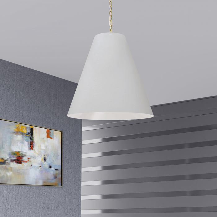 Grand luminaire suspendu Anaya de Dainolite avec abat-jour blanc, fini laiton vieilli et 1 ampoule