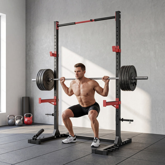 Soozier Rack a squat avec barre de traction, largeur reglable, charge 500 kg