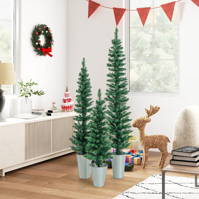 Lot De 3 Sapins De Noel Artificiels 90-120-150 Cm, Arbres En Crayon Fin, 120-140-160 Pointes De Branches, Bases Metalliques Avec Ciment, Arbres D'entree En Pot, Decoration De Noel Interieure
