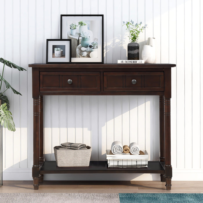 Table Console Traditionnelle Jeremy En Bois Massif Avec Tiroirs Et Etagere - Espresso