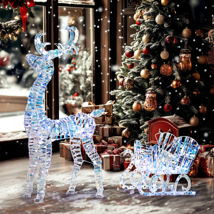 Outsunny Rennes de Noel avec traineau et eclairage, Decoration de vacances etanche