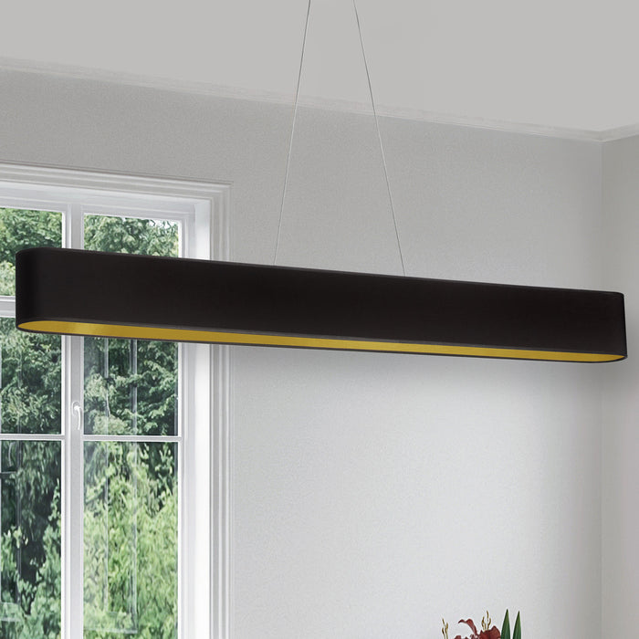 Luminaire suspendu horizontal Aubrey de Dainolite ovale avec abat-jour noir et doré, fini noir mat et ampoule de 30 W