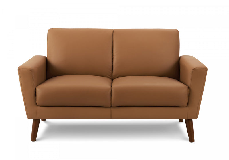 Causeuse Rembourre, 58\" L, Aspect Cuir Marron, Pieds En Bois De Noyer, Mid-Century