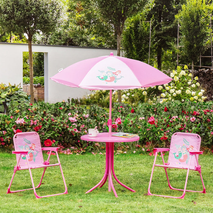 Outsunny Ensemble Table Et Chaises De Jardin Pour Enfants, Meubles De Jardin Pliants D'exterieur, Pour Terrasse, Arriere-cour, Avec Motif Sirene, Parasol Amovible Et Reglable En Hauteur