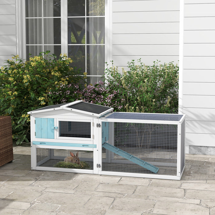 Pawhut Clapier D'exterieur A 2 Niveaux, Grande Cage A Lapins En Bois De 62 Po Avec Toit Resistant Aux Intemperies, Plateau Amovible, Portes, Fenetres Et Rampe, Bleu Clair