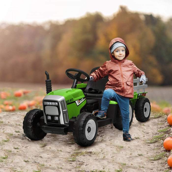 Aosom Tracteur Pour Enfants 12 V Avec Remorque, Tracteur Electrique Alimente Par Batterie Avec Telecommande, Son De Demarrage Musical Et Klaxon, Usb, Lumieres Led, Vert