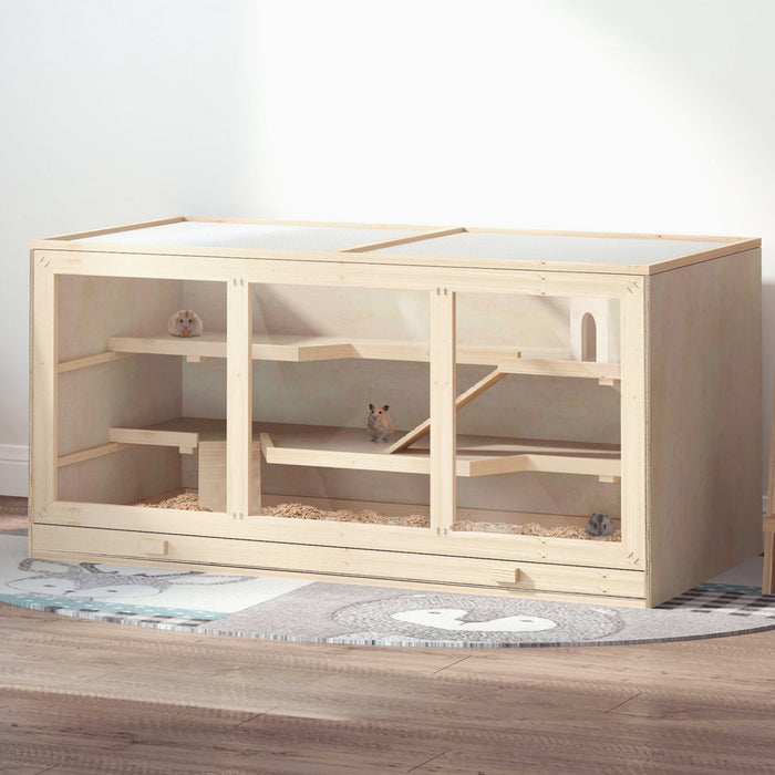 Pawhut D2-0041 Cage De Hamster En Bois De Sapin Souris Rats Souris Petits Animaux Exercice Maison De Jeu Avec Toboggan Cage En Bois