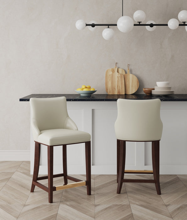 Tabouret de comptoir moderne en bois avec assise rembourree Shubert, ivoire – Lot de 2