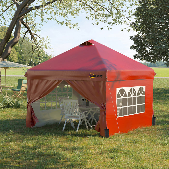 Outsunny Tonnelle Barnum Tente D'auvent Pop Up 10' X 10', Tente D'abri Instantanee Avec Parois Laterales, Fenetres, Sac A Roulettes Pour Jardin, Terrasse, Rouge