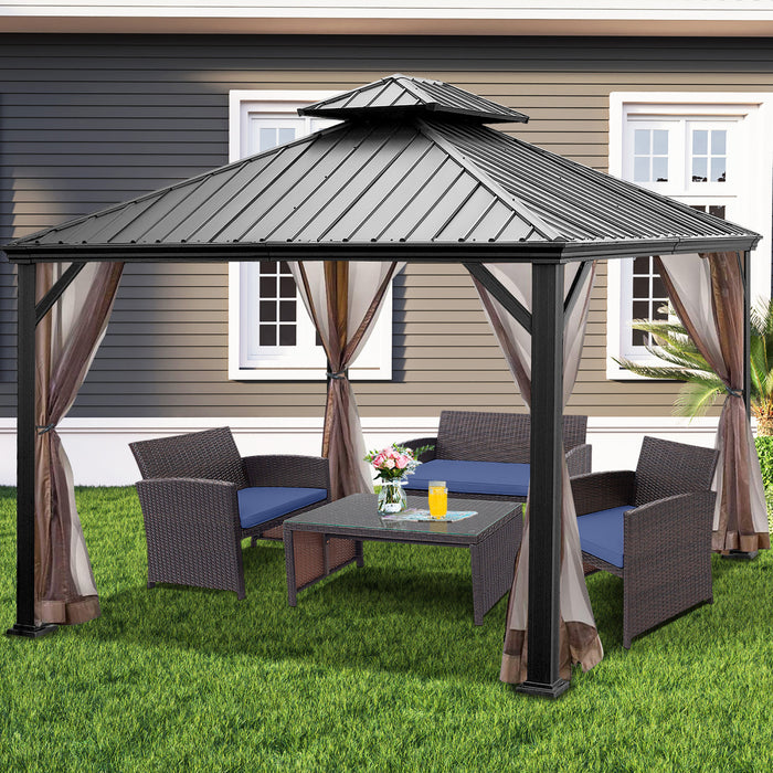 Costway 12ft X 10ft Hardtop Gazebo Exterieur A 2 Niveaux En Acier Galvanise Canopy Brun