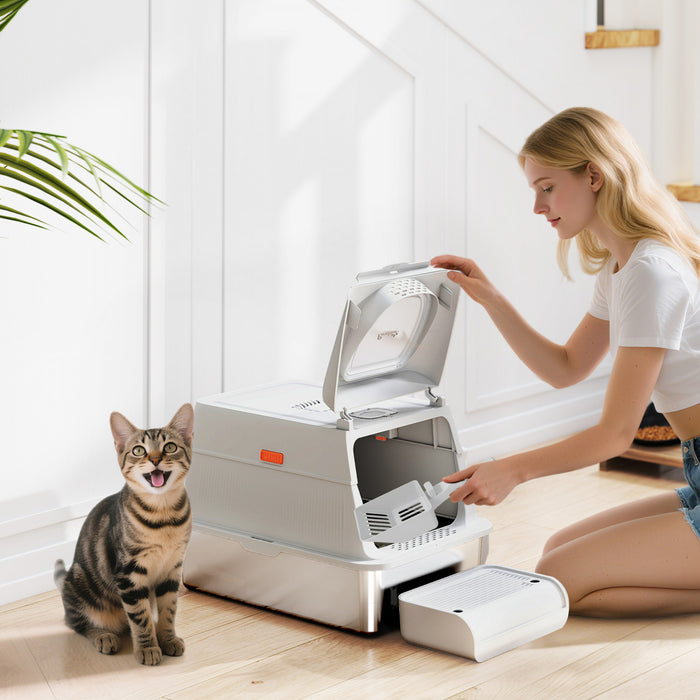 XL Stainless Steel Cat Litter Box with Flip Cover, Pedal