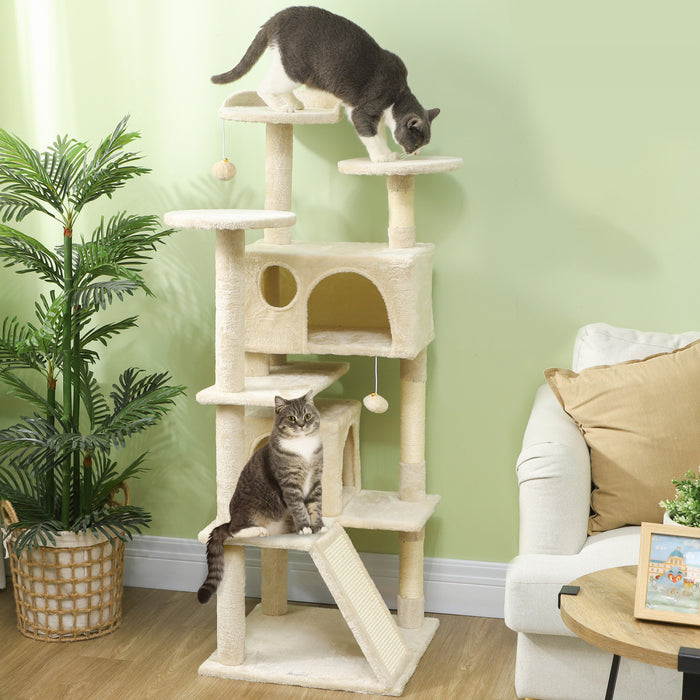 Pawhut Arbre A Chat De 54\" Tour A Chat Pour Chats D'interieur Avec Griffoirs, Condos Pour Chats, Lit, Plates-formes, Rampe, Balle Jouet, Centre D'activites Pour Chat, Beige