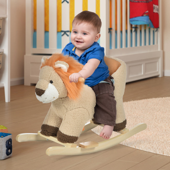 Qaba Bebe Cheval A Bascule Lion Design Chaise A Bascule En Peluche, Cheval A Bascule En Bois Avec Son, Ceinture De Securite Pour 18-36 Mois Cadeau Garcons Et Filles, Marron