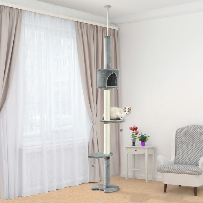 Pawhut Arbre A Chat A 4 Niveaux Du Sol Au Plafond, Grande Tour Pour Chat Avec Griffoir, Rembourrage En Peluche, Jouet Balle, Condo Pour Chat Pour Chats D'interieur, Gris Clair