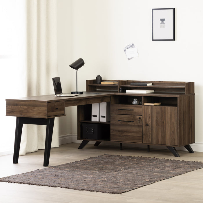Helsy Bureau en L avec barre d'alimentation et huche amovible Noyer naturel, de Meubles South Shore