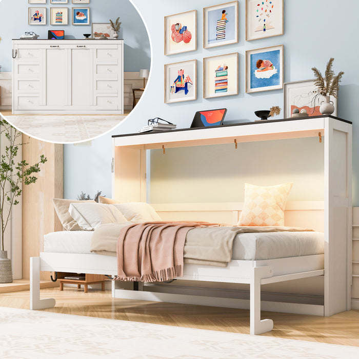 Lit escamotable Olivia en bois massif avec lumiere LED et armoire pliante, taille simple, blanc