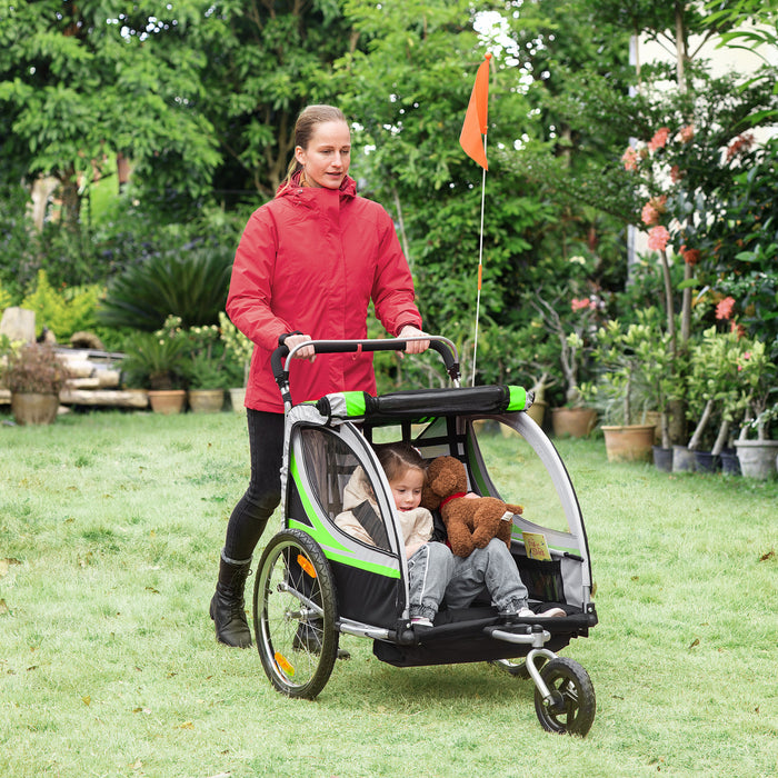 Aosom Remorque Velo Enfant 2 En 1, Poussette Bebe Avec Frein, Sac De Rangement, Drapeau De Securite, Reflecteurs Et Harnais 5 Points, Vert