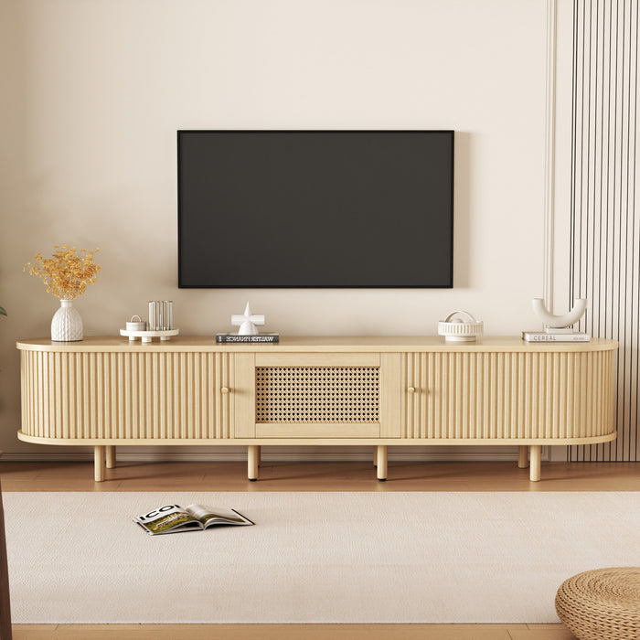 Lucas meuble TV – meuble multimedia avec tiroir en rotin et portes coulissantes, finition naturelle