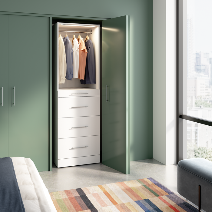 Système de tour garde-robe et pièce-penderie modulaire Florence de Bestar de 25 po avec éclairage à DEL, tablettes et 4 tiroirs de style lisse - blanche