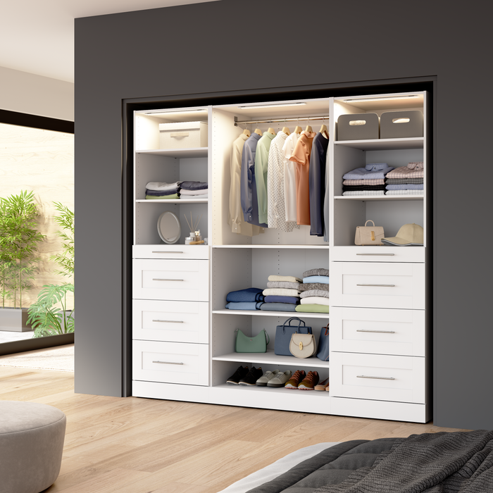 Système de garde-robe et pièce-penderie modulaire Florence de Bestar de 85 po avec éclairages à DEL, tablettes et tiroirs de style Shaker - blanc