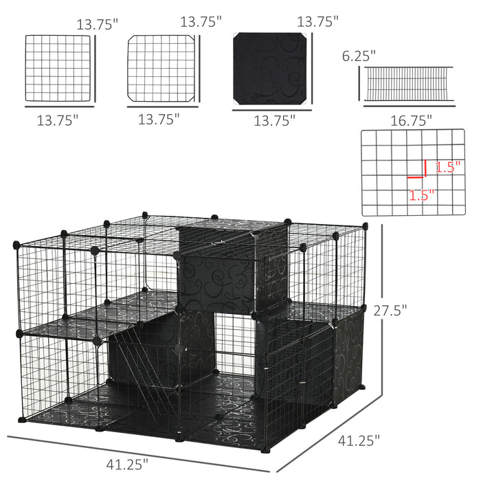 Pawhut Cage Pour Petits Animaux, 56 Panneaux Cage De Lapin Pour Chiots Avec Tapis Antiderapants, Rampes, Parc Pour Animaux De Compagnie Pour Lapin, Chinchilla, Herisson, Noir