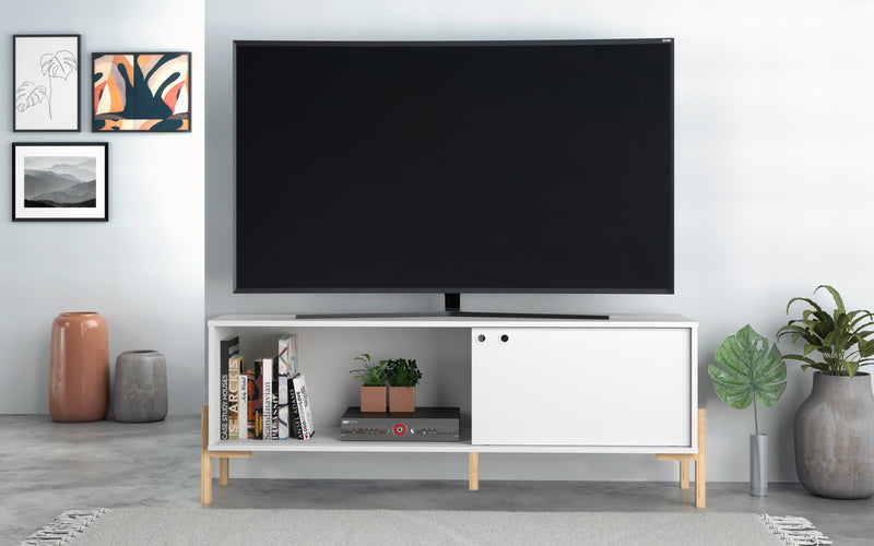 Meuble pour téléviseur Bowery de Manhattan Comfort de 55,12 po avec 2 tablettes - blanc et chêne