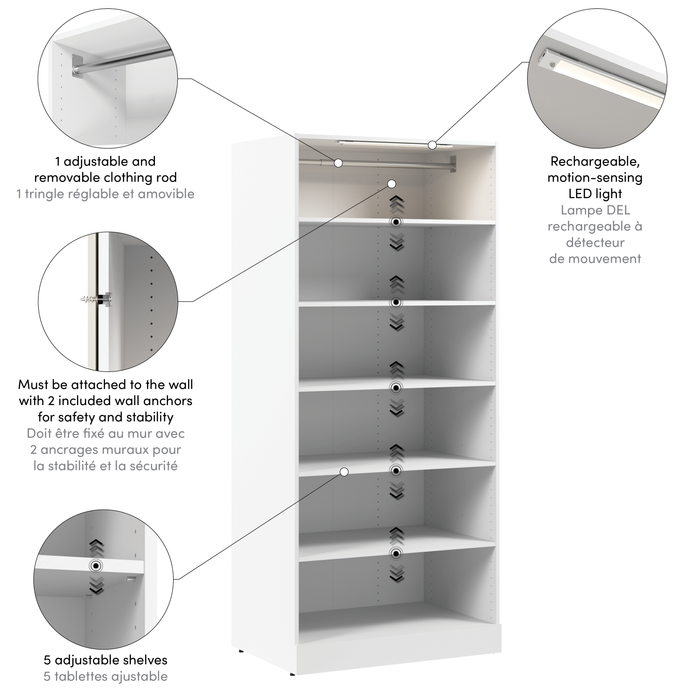 Système de garde-robe et pièce-penderie modulaire Florence de Bestar de 35 po avec éclairage à DEL et tablettes - blanc