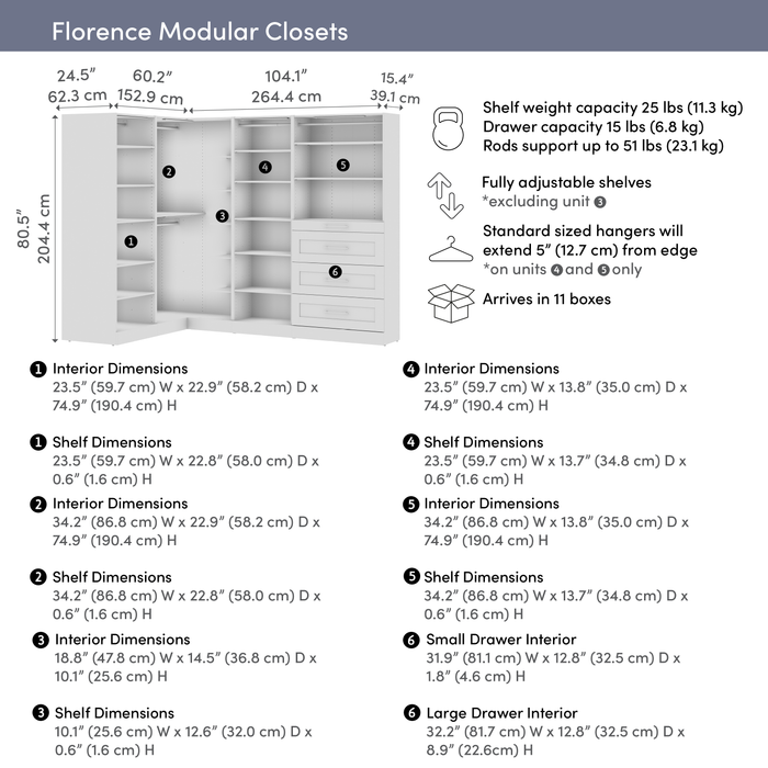 Système de pièce-penderie en forme de L modulaire Florence de Bestar de 105 po avec éclairages à DEL, tringles, tablettes et tiroirs de style Shaker - blanc
