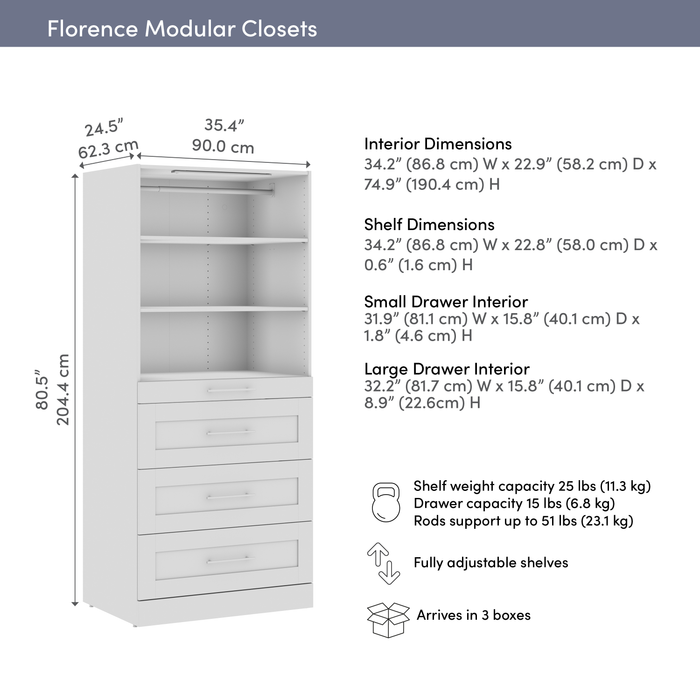 Système de garde-robe et pièce-penderie modulaire Florence de Bestar de 35 po avec éclairage à DEL et rangement - blanc
