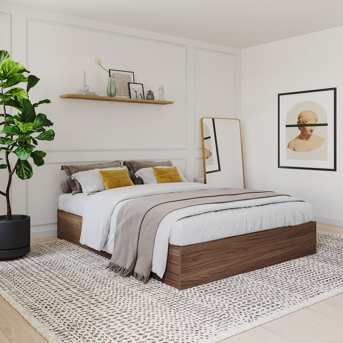 Lit plateforme double Nordika avec rangement - noyer