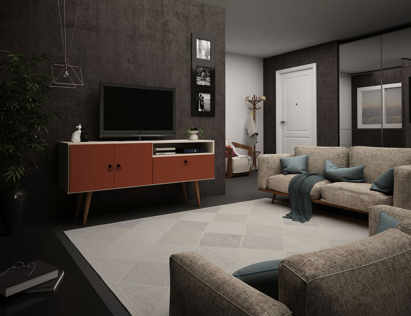 Meuble pour téléviseur Tribeca de Manhattan Comfort de 53,94 po de style moderne du milieu du 20e siècle avec pattes en bois massif - blanc cassé et rose orangé Terra