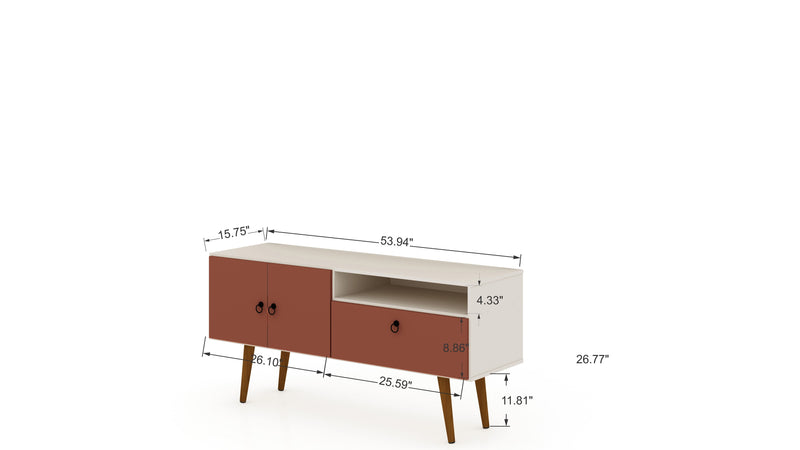 Meuble pour téléviseur Tribeca de Manhattan Comfort de 53,94 po de style moderne du milieu du 20e siècle avec pattes en bois massif - blanc cassé et rose orangé Terra