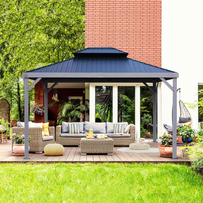 Gazebo Yosemite 10x12 Double Toit En Acier, Poteaux En Aluminium Finition Bois