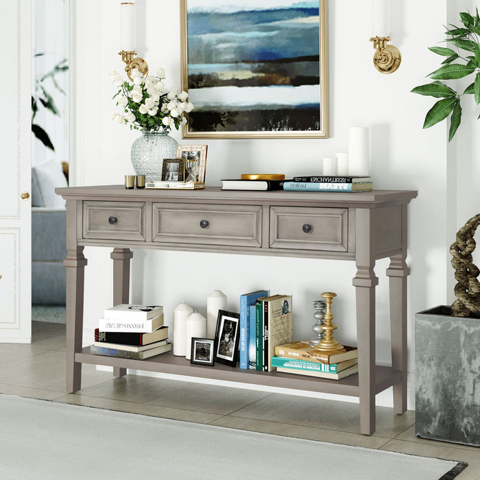 Table Console Sabina En Bois Massif Avec 3 Tiroirs Et Etagere - Gris Patine