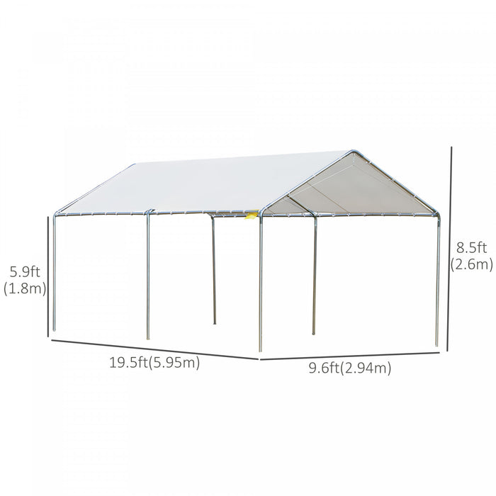 Outsunny 10' x 20' Auvent de voiture galvanisé robuste avec kit d’ancrage inclus, 3 câbles en acier renforcé, blanc