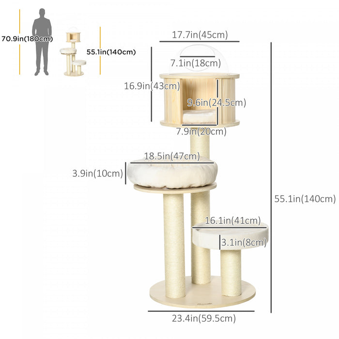 Pawhut 55 Cat Tree Kitty Centre D'activites Chat En Bois Escalade Jouet Pour Animaux De Compagnie Meubles Avec Chat Condo Coussins De Lit Sisal Griffoir, Naturel
