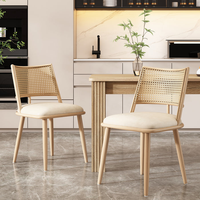 Chaises de salle a manger modernes Oliver avec assise rembourree en PU et dossier en rotin PE, lot de 2, beige