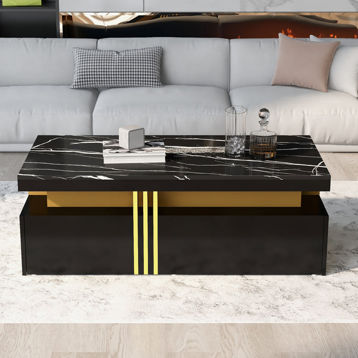 Noah table basse moderne – table avec plateau a motif marbre et tiroirs de rangement, noir