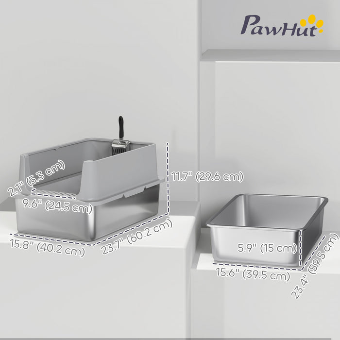 Xl Stainless Steel Cat Litter Box With High Wall Side, Scoop