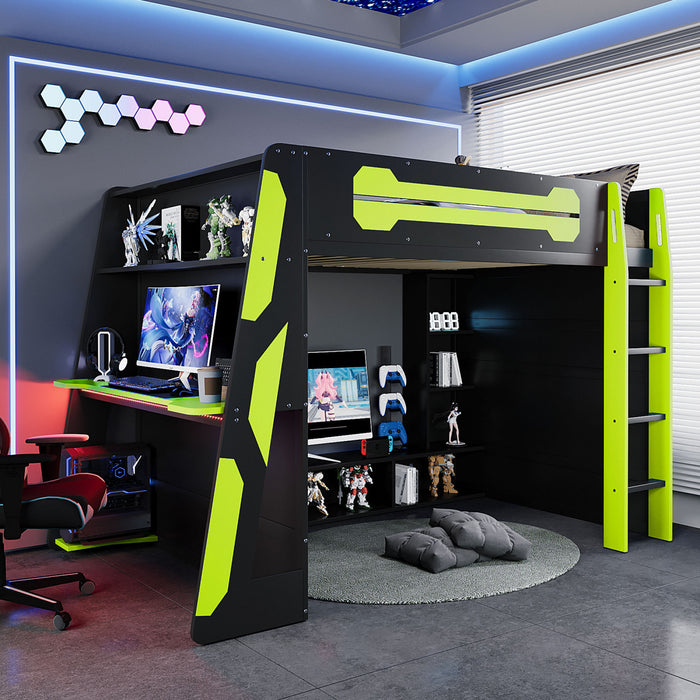 Olivia Lit mezzanine en bois avec bureau et etageres de rangement multiples, Lumiere RGB, Vert
