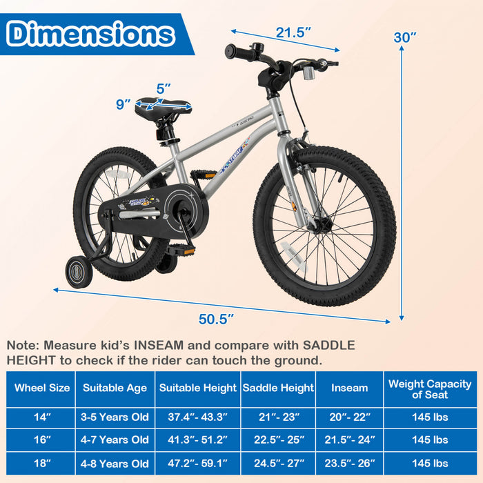 Velo Costway 18 Pouces Pour Enfants De 4 A 8 Ans Avec Selle Reglable Et Guidon Antiderapant Argent