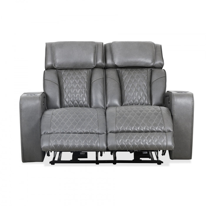Causeuse inclinable electrique Kingsley de 58 po en cuir assorti avec rangement dans les accoudoirs et USB - Charbon