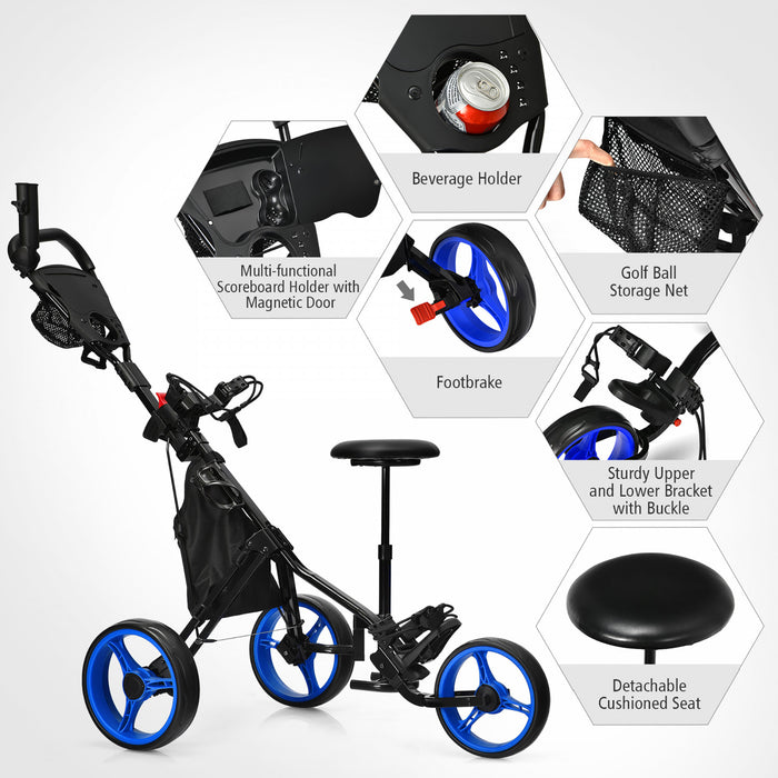 Goplus Pliant 3 Roues Golf Push Cart W/seat Tableau De Bord Poignee Reglable Bleu