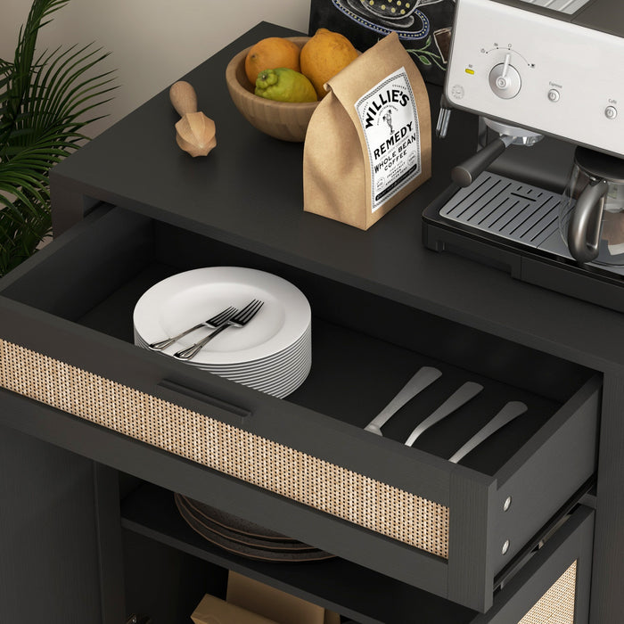 HOMCOM Armoire de Rangement Boho avec Tiroir et Portes en Rotin, Noir