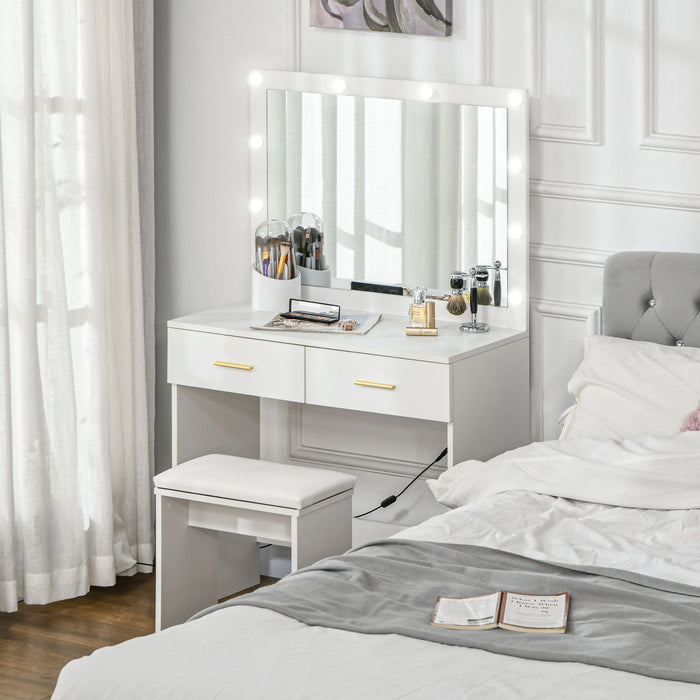 HOMCOM Ensemble de Coiffeuse et Tabouret avec Miroir Eclaire a LED, Blanc