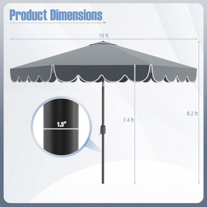 Parasol de patio Costway 10 FT avec reglage d'inclinaison a manivelle, bordures, haut ventile, 8 baleines, gris