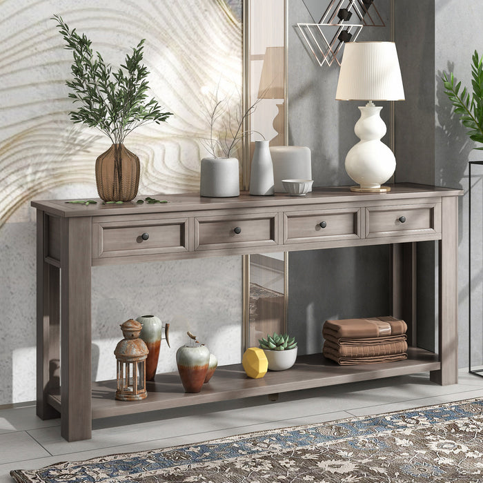 Table Console Gracie En Bois Massif Avec Tiroirs Et Etagere, Gris Patine