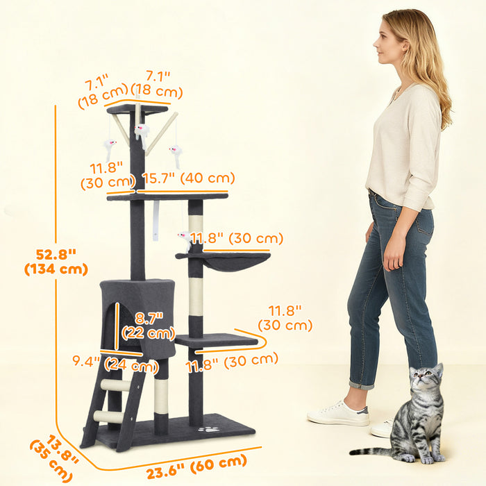 Arbre a chat PawHut, tour de 135 cm pour chatons d'interieur avec poteaux a griffer en sisal, perchoirs moelleux, niche, hamac, echelle, jouets suspendus, centre d'activites a plusieurs niveaux, gris fonce