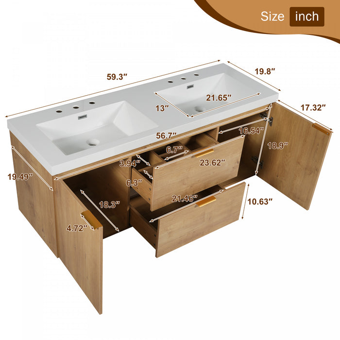 Hudson meuble de salle de bain double vasque 59,3 pouces avec rangement a fermeture douce, bois
